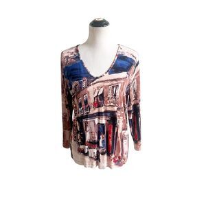 Chicos Travelers Vintage Blouse Sz. 2/Medium Art To Wear Artsy Slinky Cityscape